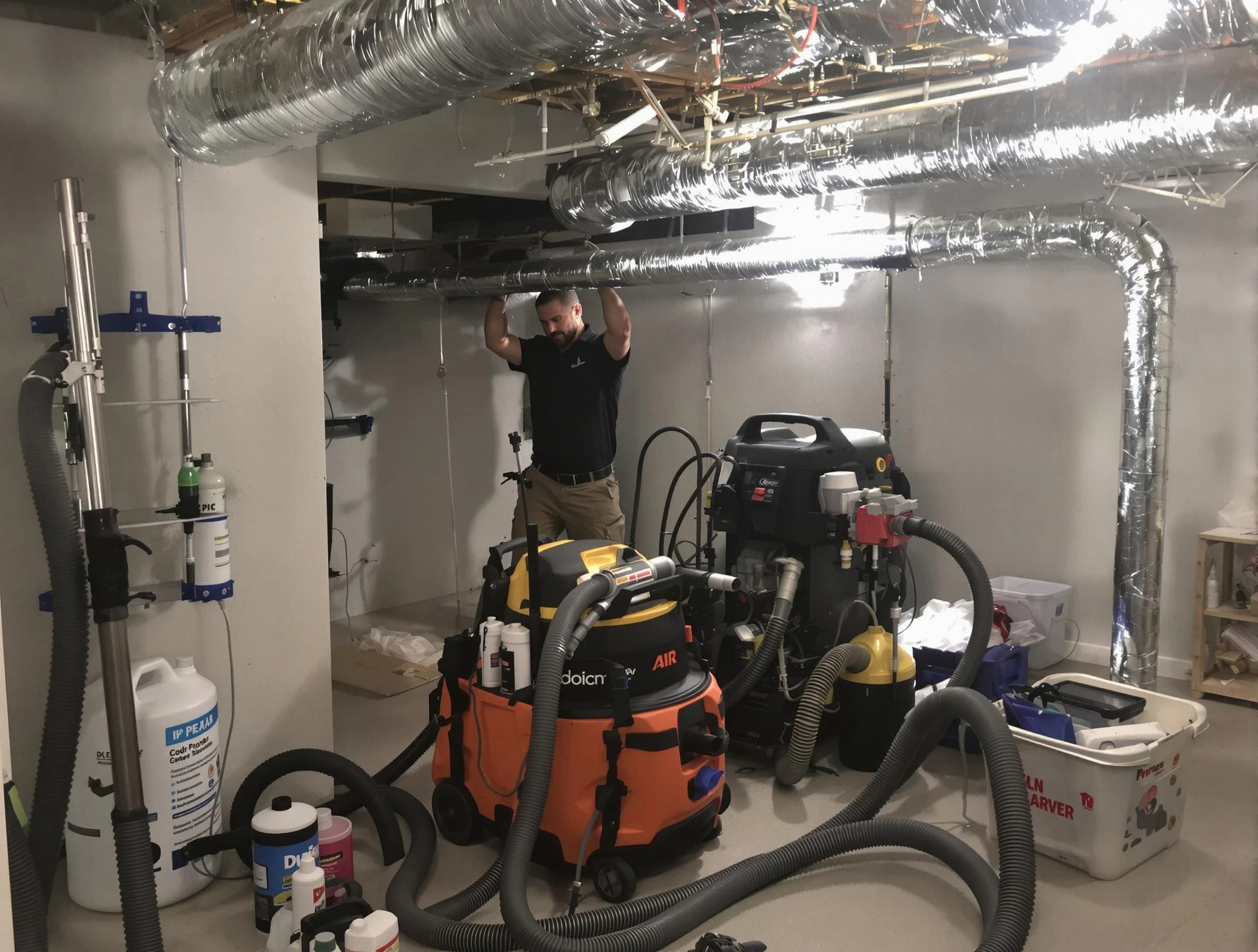 Suwanee Air Duct Cleaning specialist performing professional mold removal from air ducts using safety equipment in Suwanee