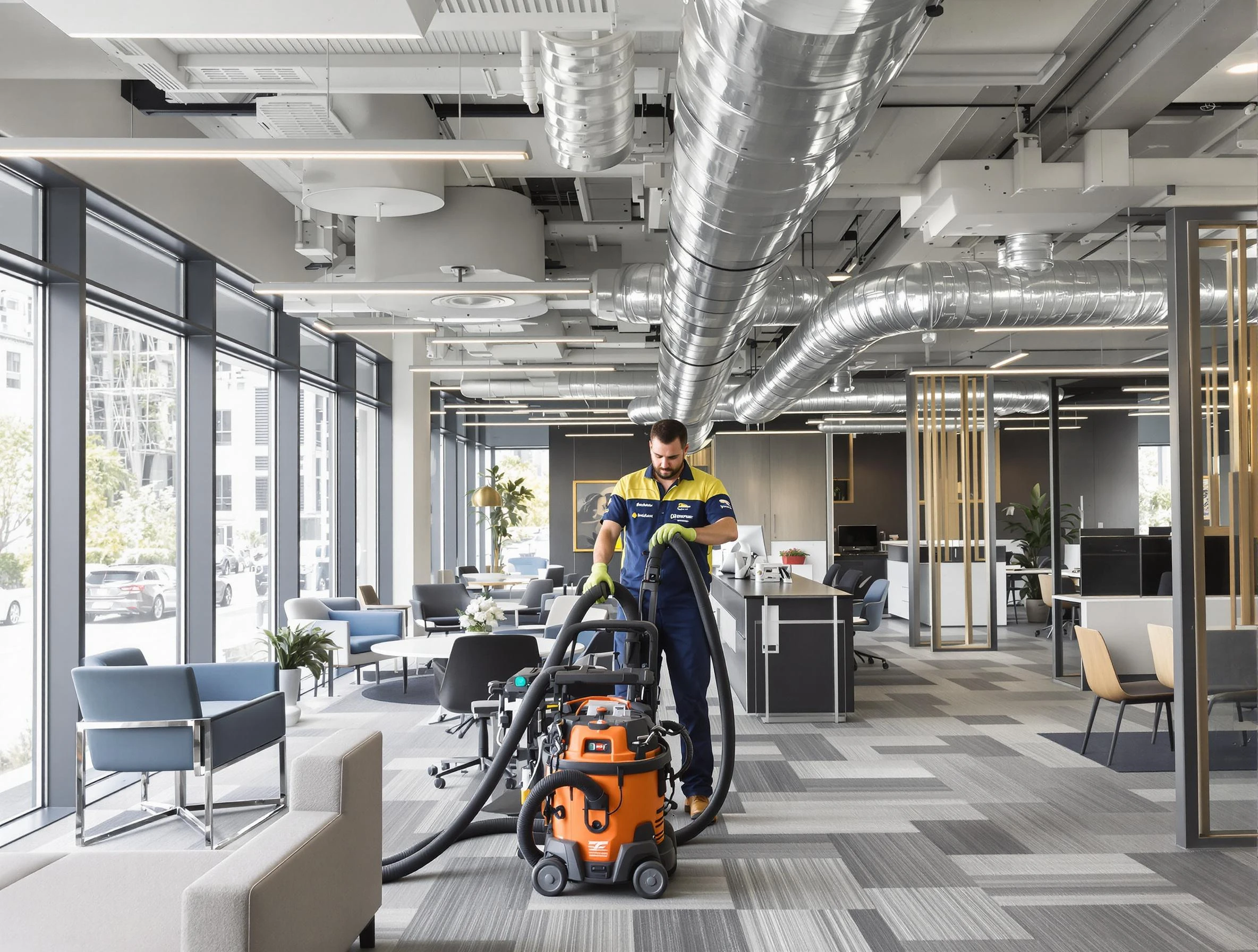 Suwanee Air Duct Cleaning team performing thorough commercial duct cleaning at a Suwanee business center